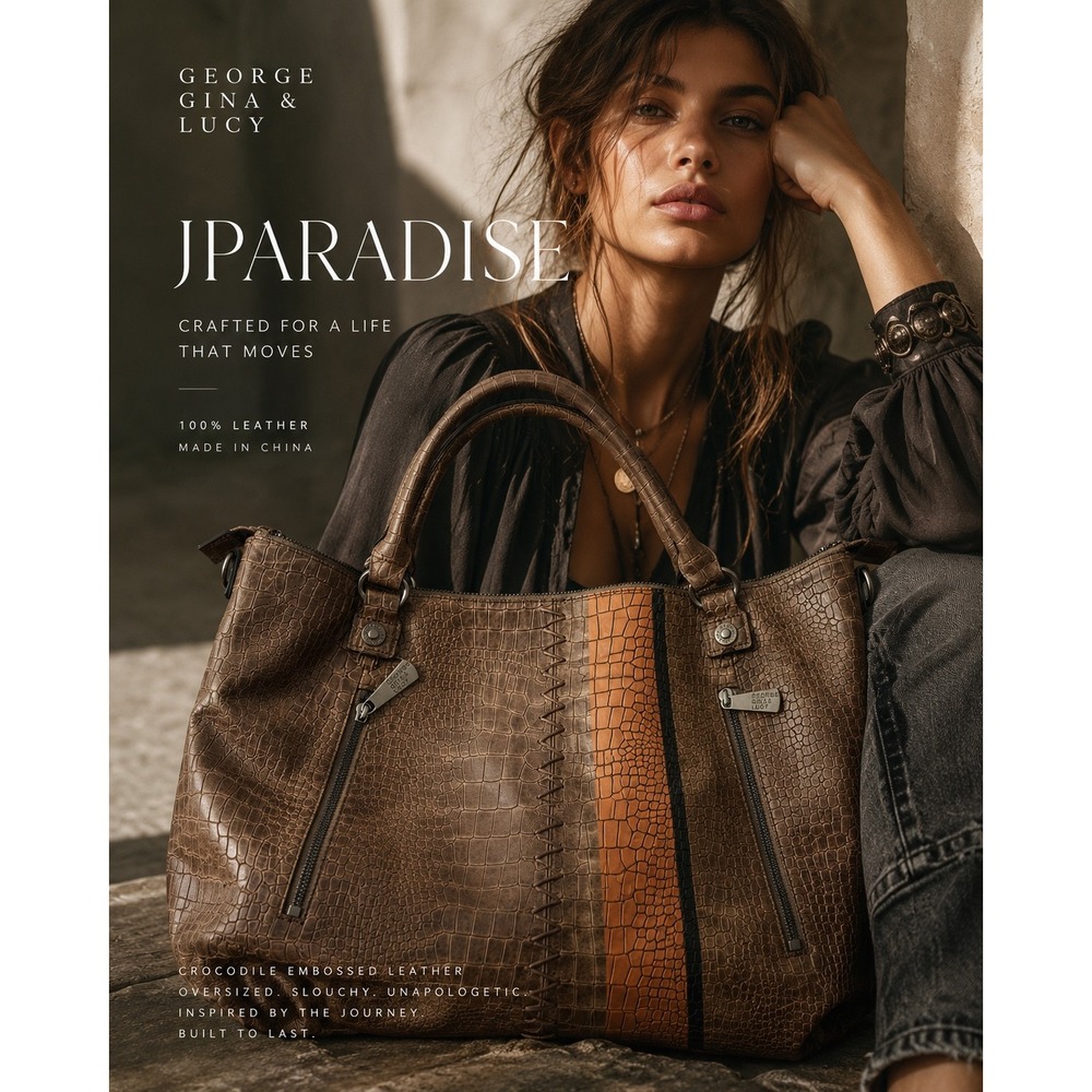 George Gina & Lucy JPARADISE Leather Croc Embossed Slouchy Tote Moto Boho XL Bag